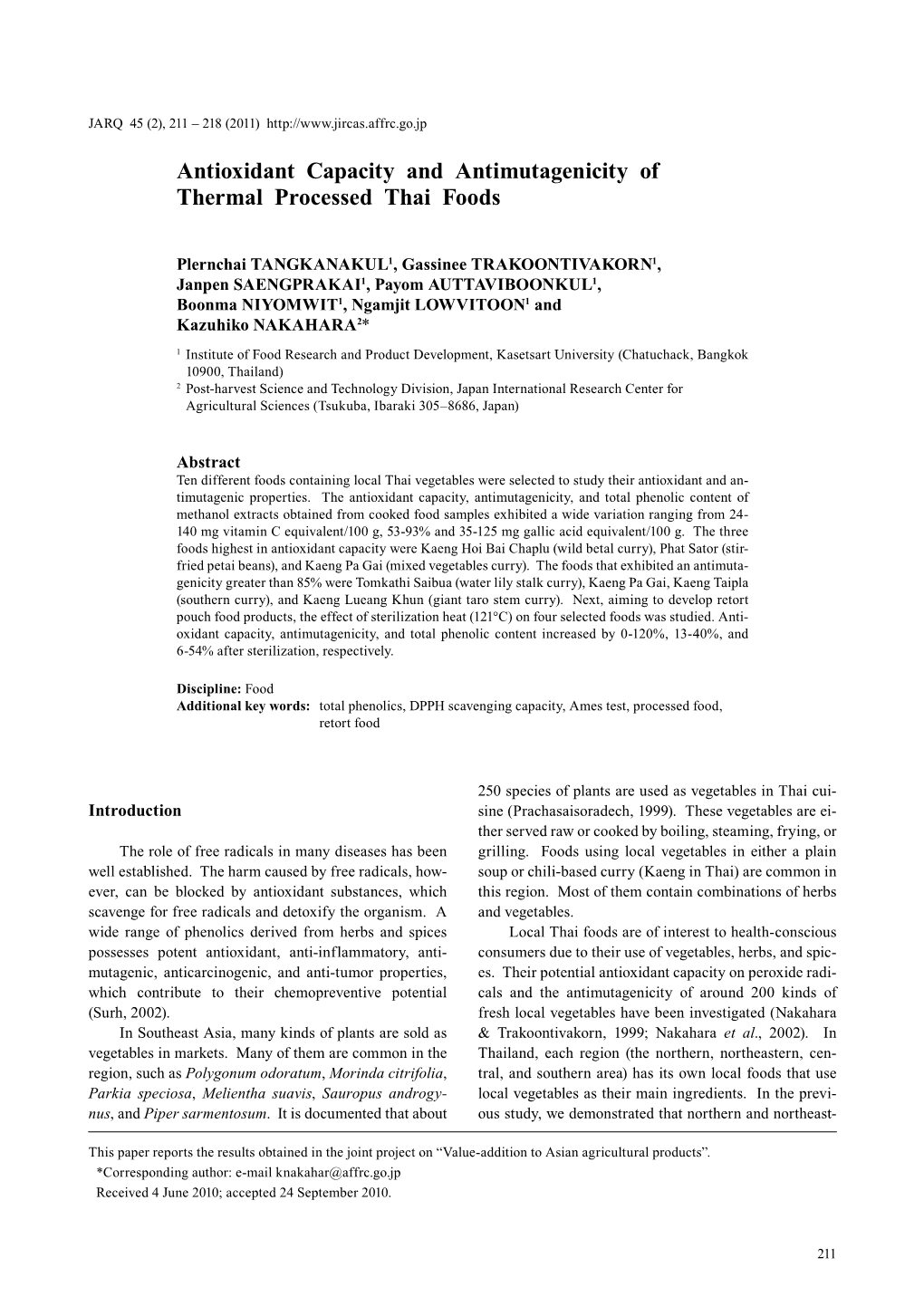 Antioxidant Capacity and Antimutagenicity of Thermal Processed Thai Foods