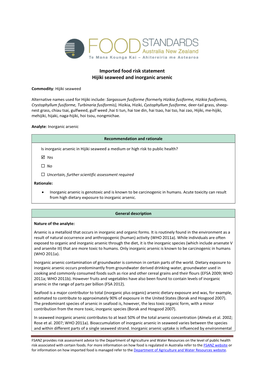Imported Food Risk Statement Hijiki Seaweed and Inorganic Arsenic