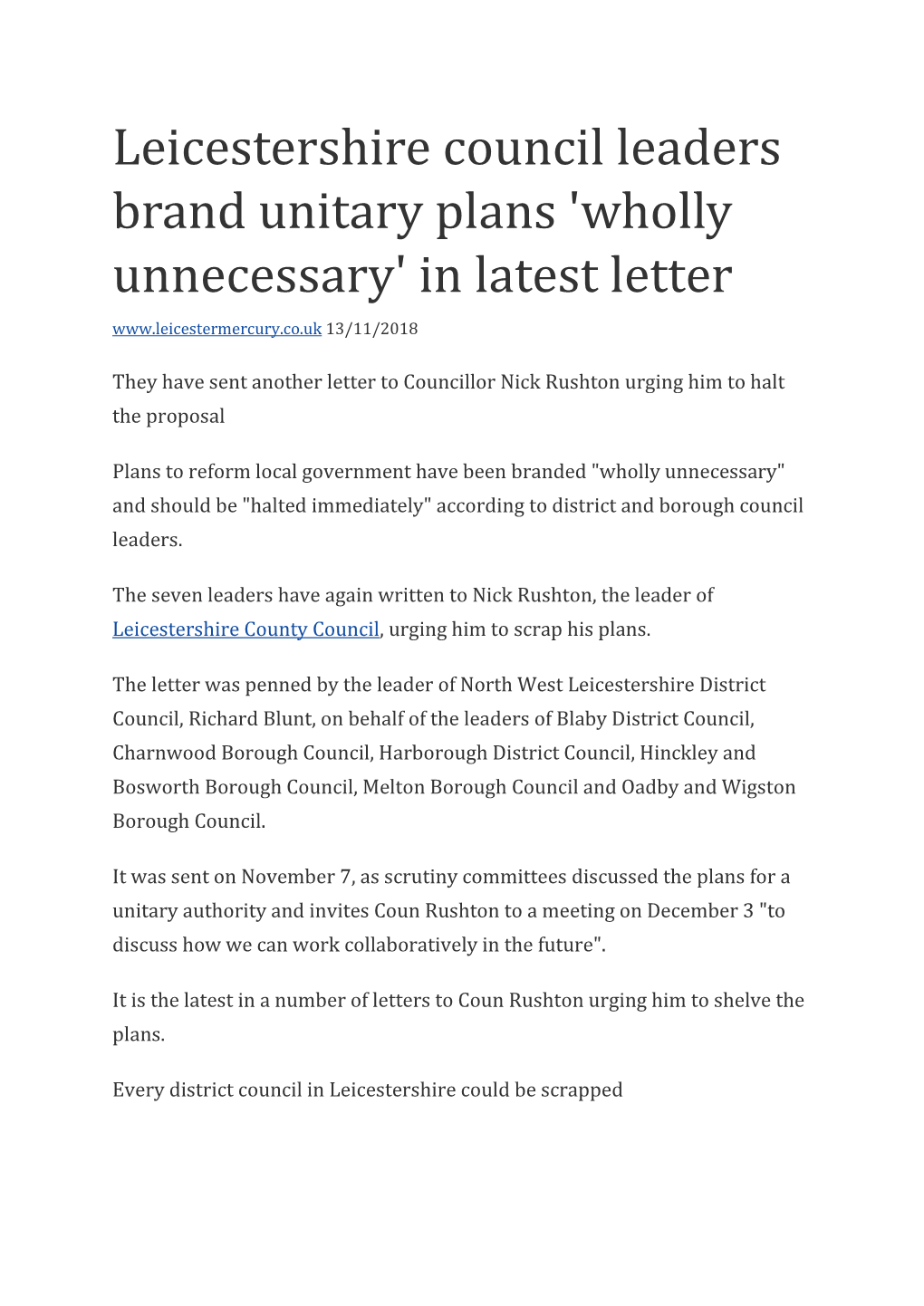 Leicestershire Council Leaders Brand Unitary Plans 'Wholly Unnecessary' in Latest Letter 13/11/2018