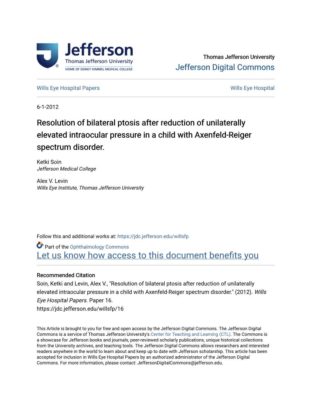 Resolution of Bilateral Ptosis After Reduction of Unilaterally Elevated Intraocular Pressure in a Child with Axenfeld-Reiger Spectrum Disorder