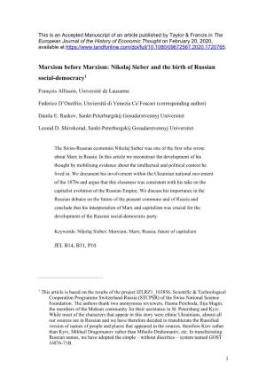 Marxism Before Marxism: Nikolaj Sieber and the Birth of Russian Social-Democracy1