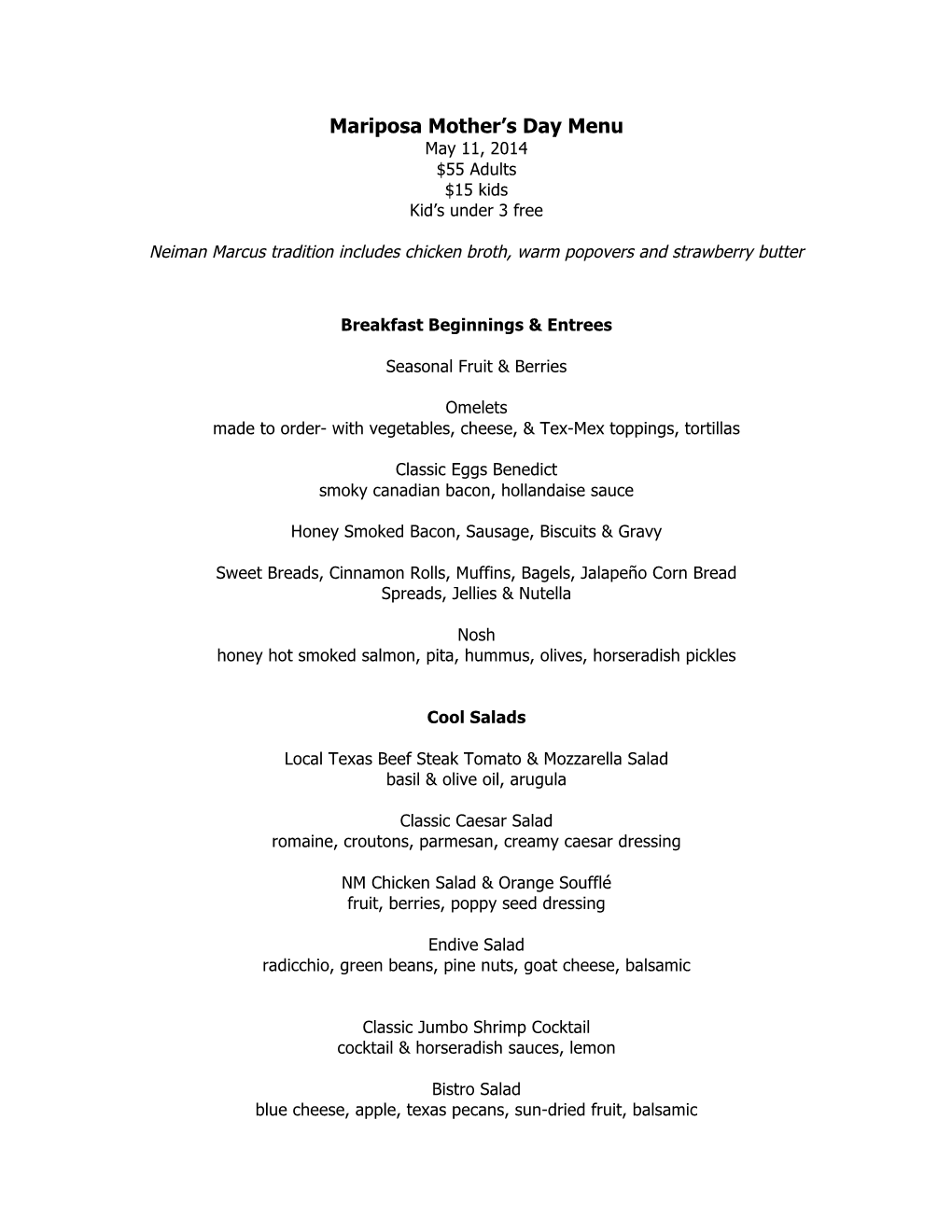 Mariposa Mother's Day Menu