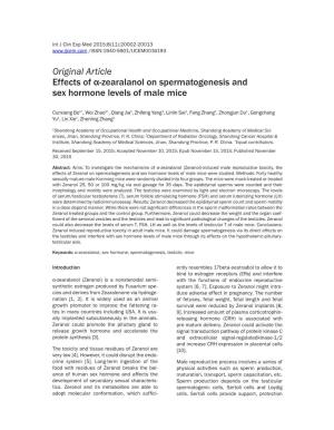 Original Article Effects of Α-Zearalanol on Spermatogenesis and Sex Hormone Levels of Male Mice