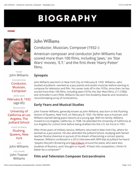 John Williams - Conductor, Musician, Composer - Biography.Com 11/1/17, 9:59 PM