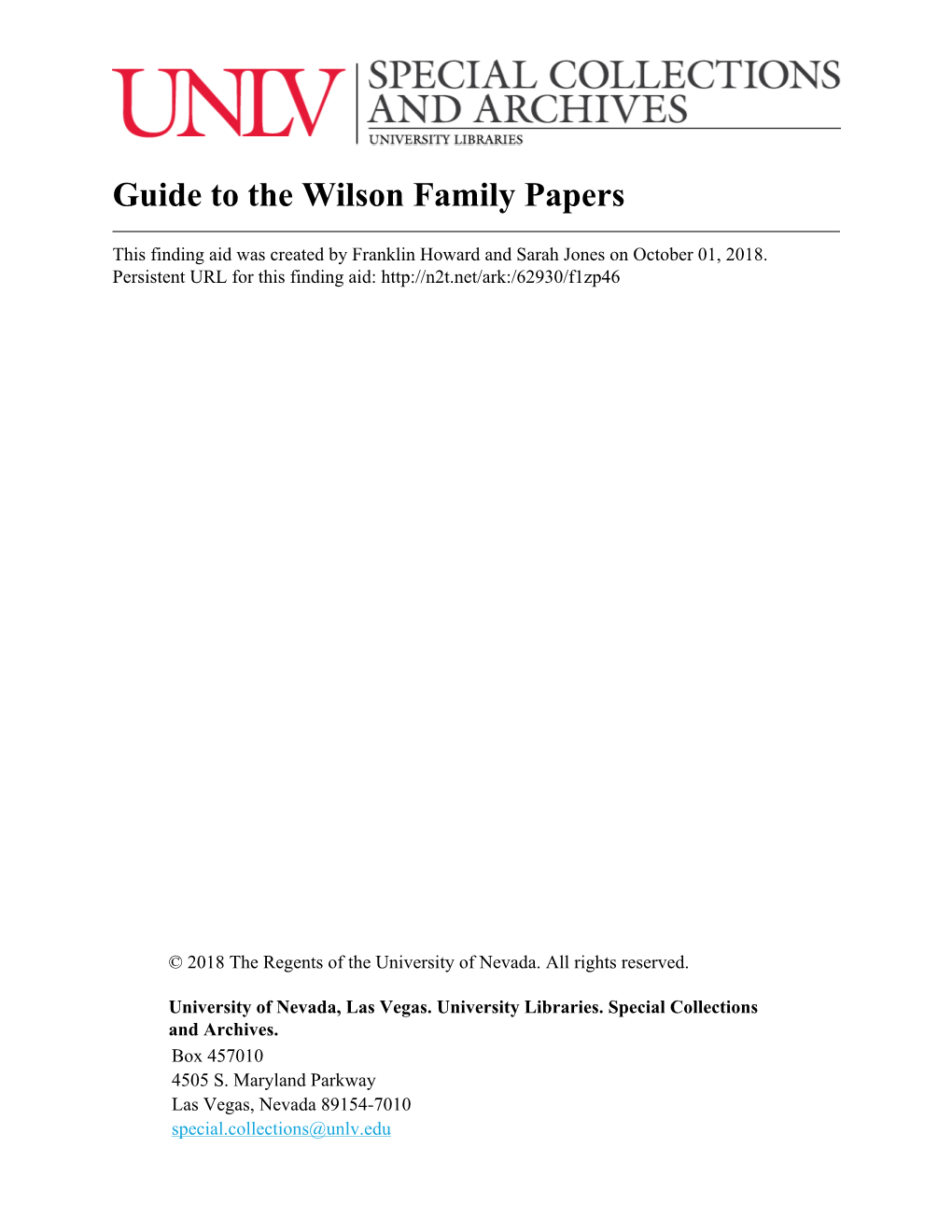 Guide to the Wilson Family Papers