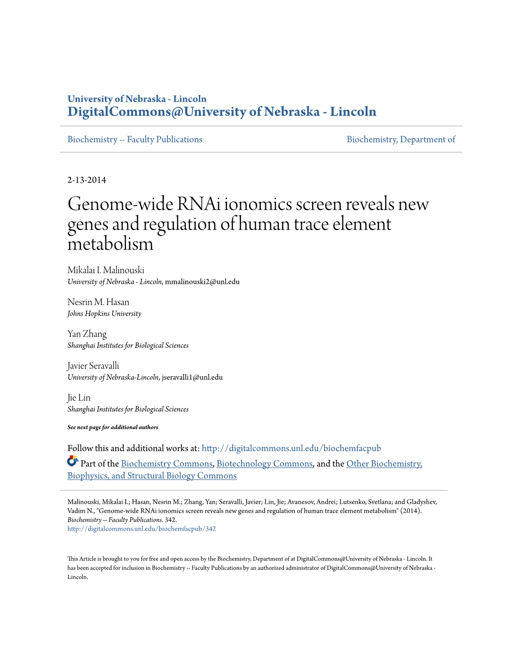 Genome-Wide Rnai Ionomics Screen Reveals New Genes and Regulation of Human Trace Element Metabolism Mikalai I