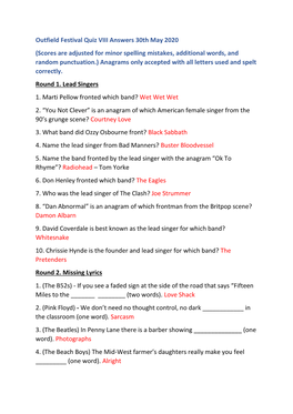 Outfield Festival Quiz VIII Answers 30Th May 2020 (Scores Are