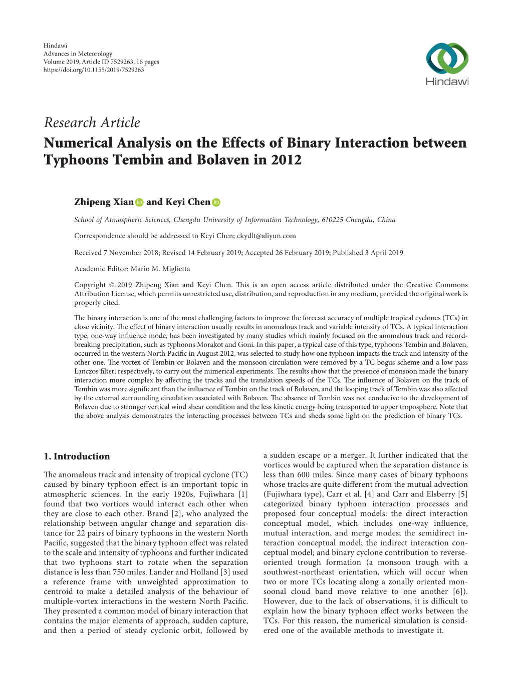 Research Article Numerical Analysis on the Effects of Binary Interaction Between Typhoons Tembin and Bolaven in 2012