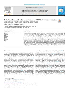 International Immunopharmacology Potential Adjuvants for the Development of a SARS-Cov-2 Vaccine Based on Experimental Results F