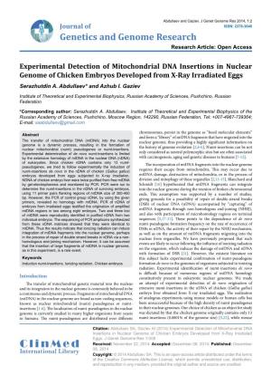 Experimental Detection of Mitochondrial DNA Insertions in Nuclear Genome of Chicken Embryos Developed from X-Ray Irradiated Eggs Serazhutdin A