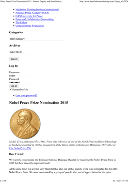 Nobel Peace Prize Nomination 2015 | Human Dignity and Humiliation