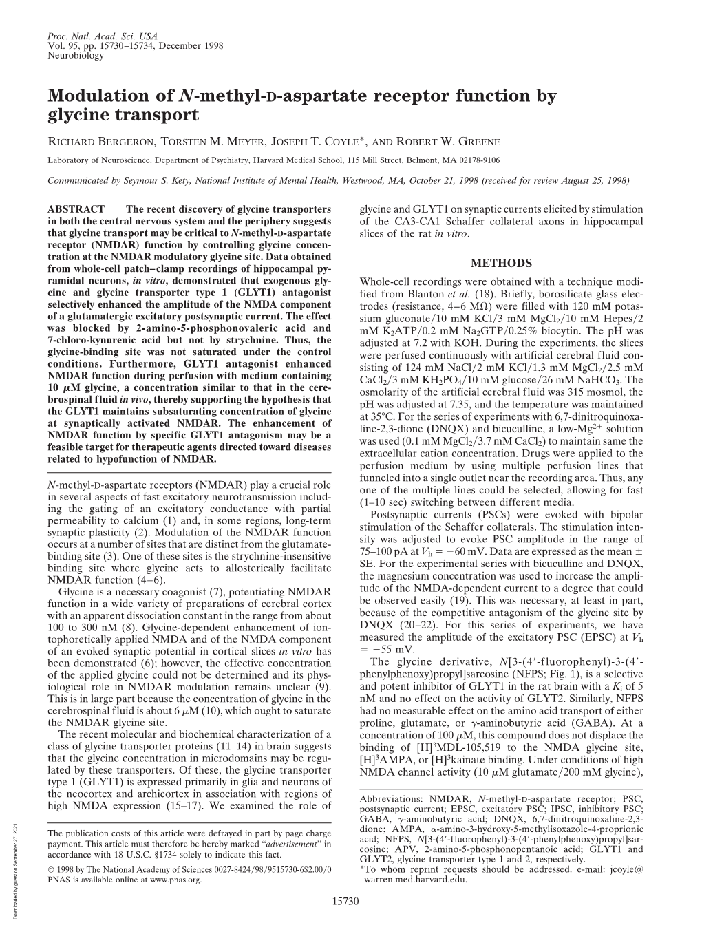 Modulation of N-Methyl-D-Aspartate Receptor Function by Glycine Transport