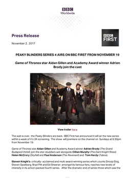 Peaky Blinders Series 4 Airs on Bbc First from November 19