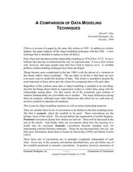A COMPARISON of DATA MODELING TECHNIQUES David C