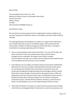 2016-05-18 Letter to Minister Tootoo Re. Wild Salmon