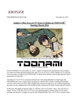 Aniplex's Blue Exorcist TV Series to Debut on TOONAMITM Starting March 2014