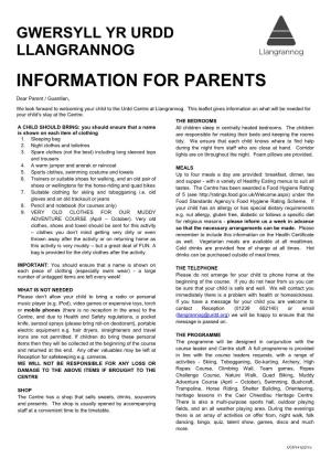 Gwersyll Yr Urdd Llangrannog Information for Parents