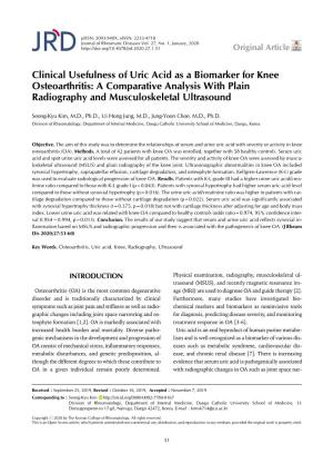 Clinical Usefulness of Uric Acid As a Biomarker for Knee Osteoarthritis: a Comparative Analysis with Plain Radiography and Musculoskeletal Ultrasound