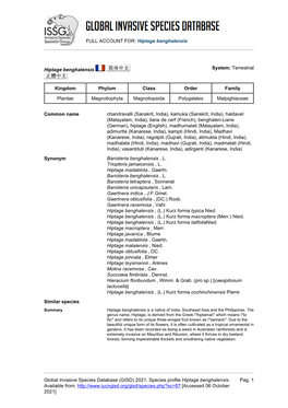 FULL ACCOUNT FOR: Hiptage Benghalensis Global Invasive Species Database (GISD) 2021. Species Profile Hiptage Benghalensis. Avail