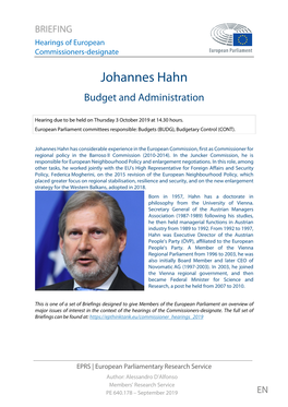 Johannes Hahn Budget and Administration