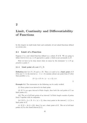 2 Limit, Continuity and Differentiability of Functions