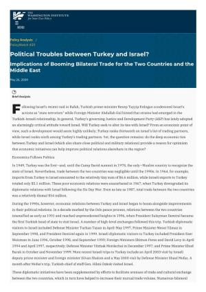 Political Troubles Between Turkey and Israel? Implications of Booming Bilateral Trade for the Two Countries and the Middle East