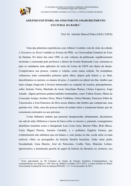 Afrânio Coutinho, 100 Anos Por Um Amadurecimento Cultural Da Bahia1