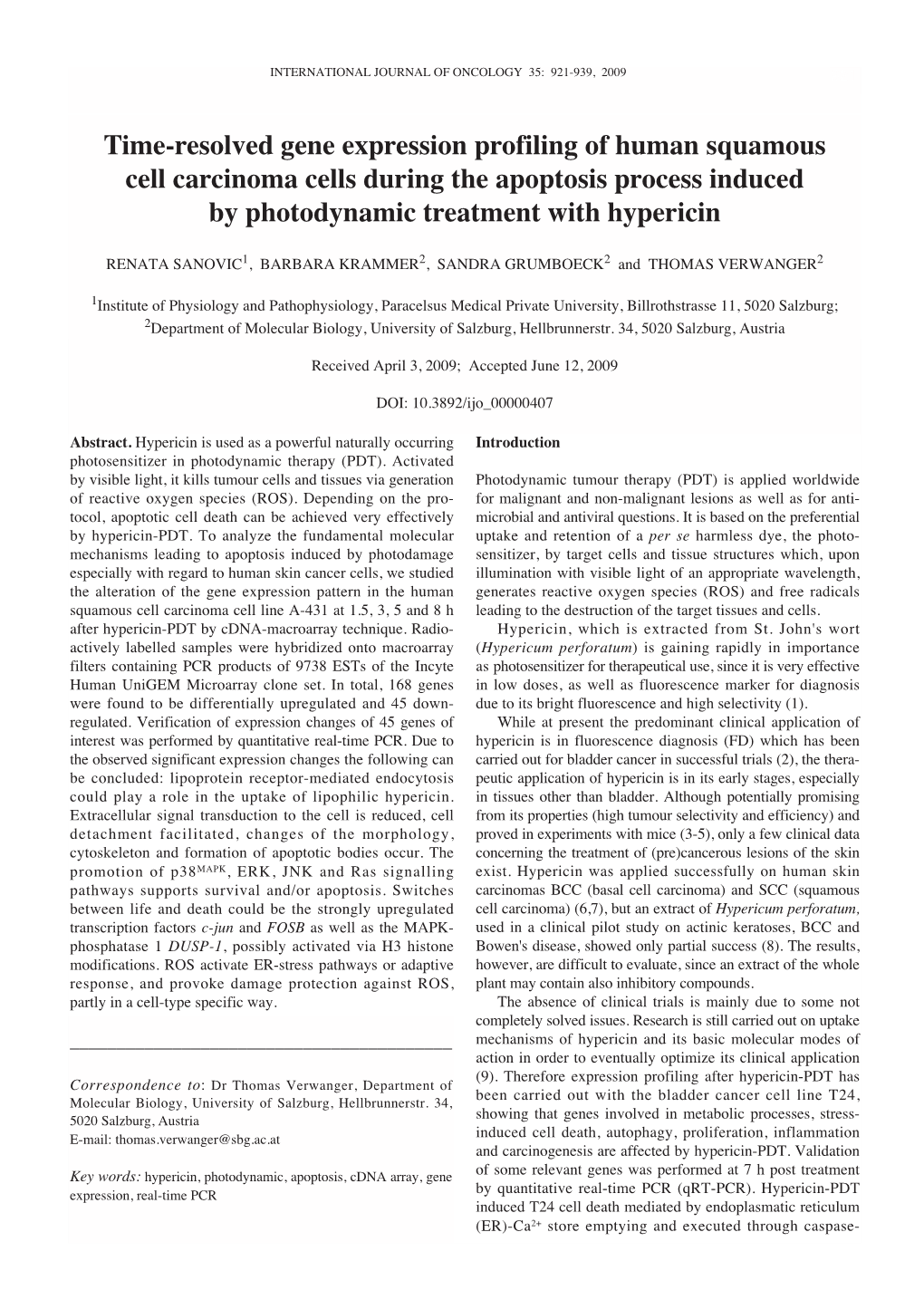 Time-Resolved Gene Expression Profiling of Human Squamous Cell Carcinoma Cells During the Apoptosis Process Induced by Photodynamic Treatment with Hypericin