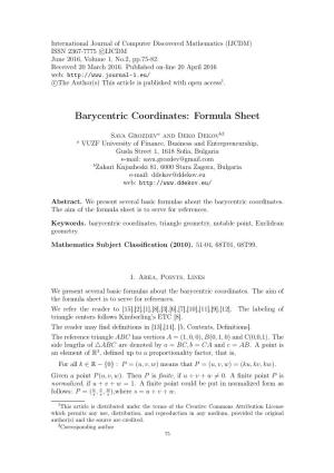 Barycentric Coordinates: Formula Sheet