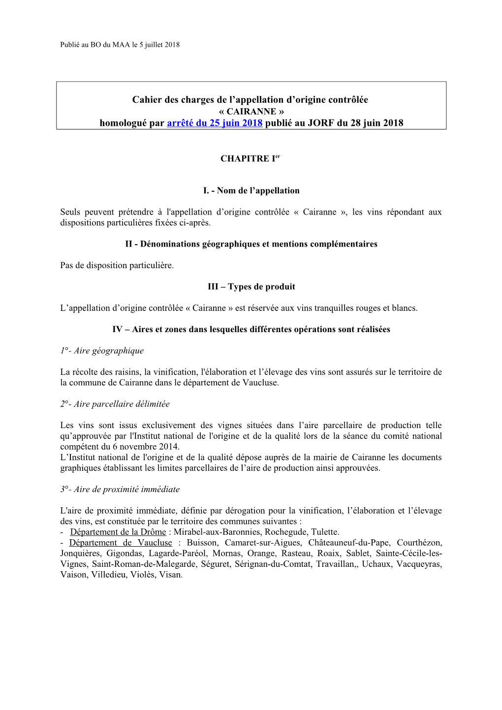 Cahier Des Charges De L'appellation D'origine Contrôlée Cairanne