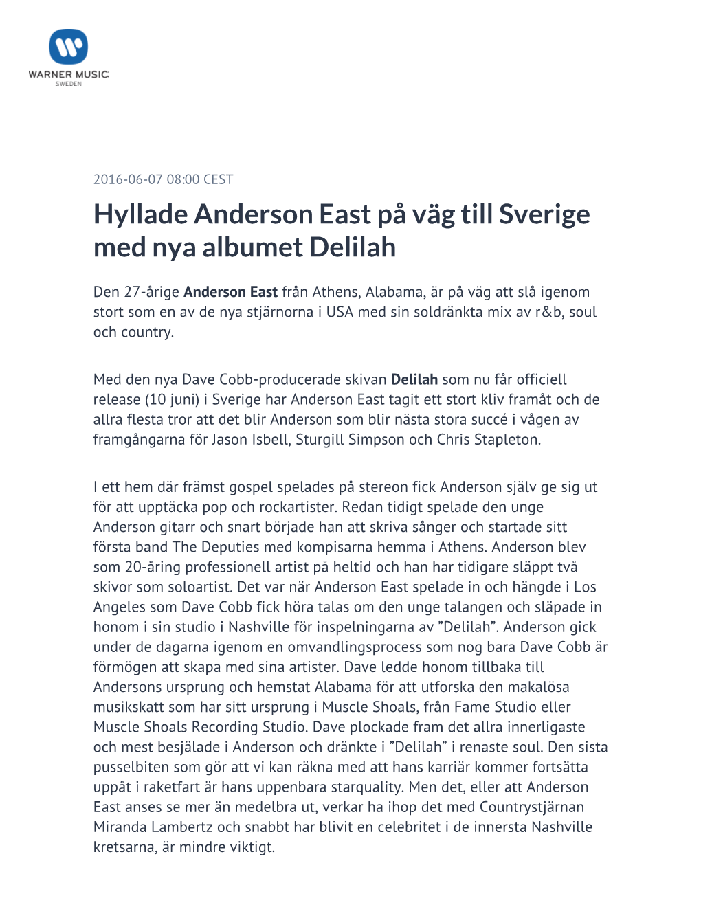 Hyllade Anderson East På Väg Till Sverige Med Nya Albumet Delilah