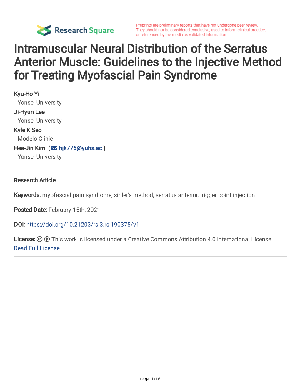 Intramuscular Neural Distribution of the Serratus Anterior Muscle: Guidelines to the Injective Method for Treating Myofascial Pain Syndrome