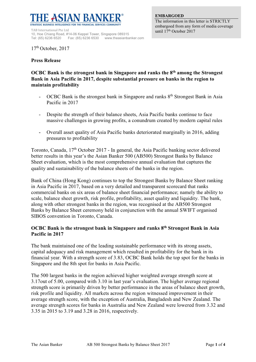 17Th October, 2017 Press Release OCBC Bank Is the Strongest Bank in Singapore and Ranks the 8Th Among the Strongest Bank in Asia