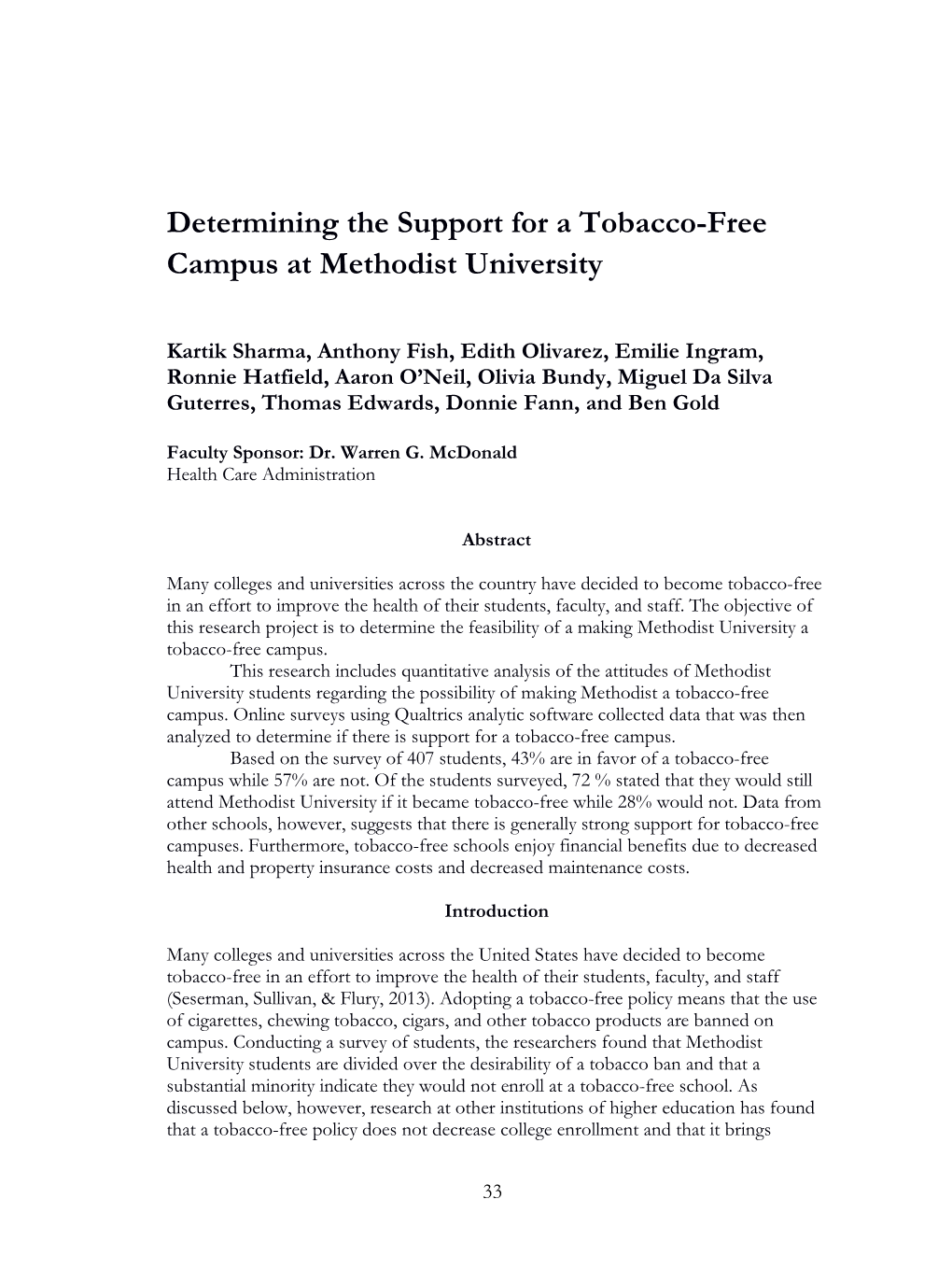 Determining the Support for a Tobacco-Free Campus at Methodist University