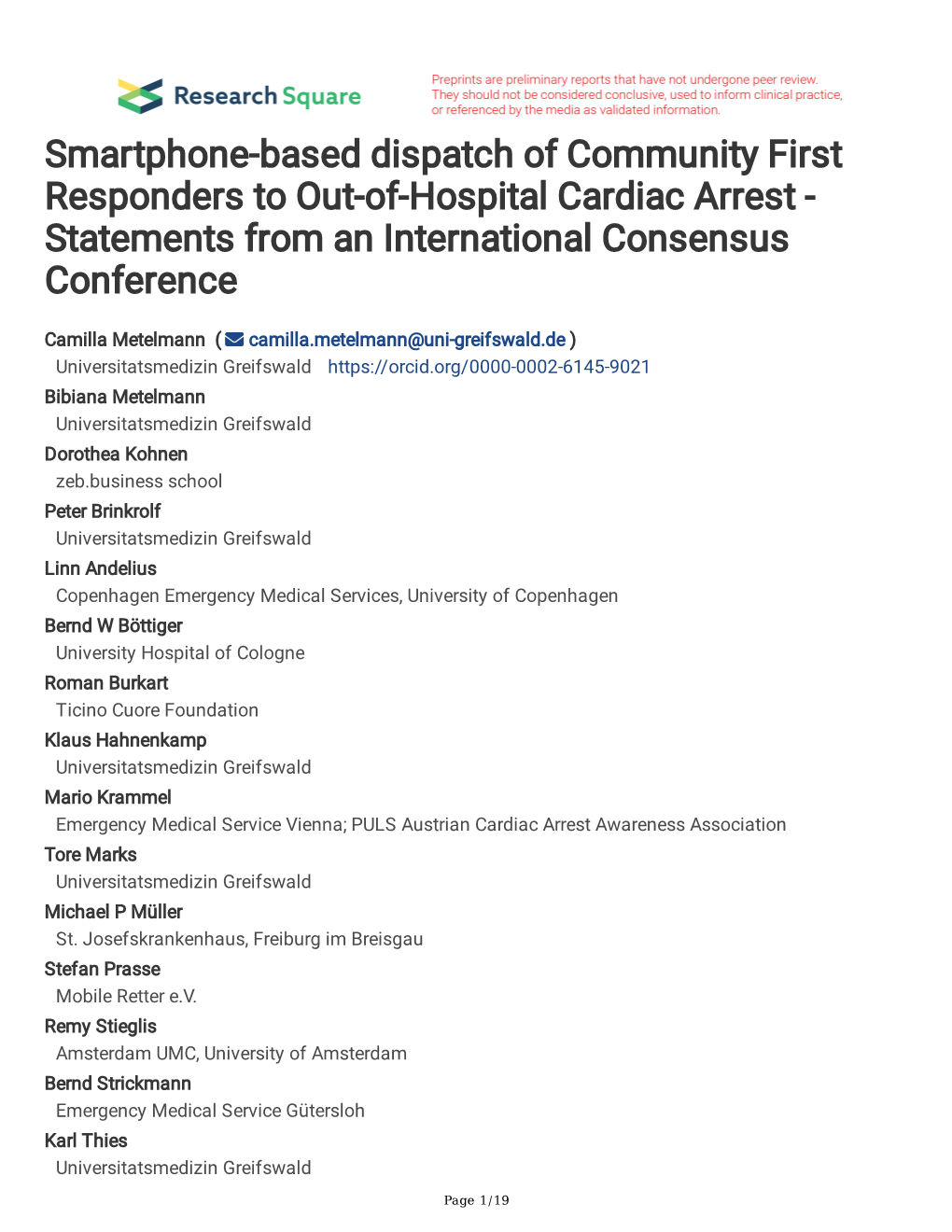 Smartphone-Based Dispatch of Community First Responders to Out-Of-Hospital Cardiac Arrest - Statements from an International Consensus Conference