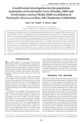 A Multivariate Investigation Into the Population Systematics of &lt;I&gt;Dendrelaphis Tristis&lt;/I&gt; (Daudin, 1803) and &lt;I