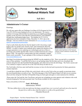 Nez Perce Naonal Historic Trail Fall 2013 Administrator's Corner