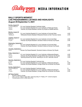 BALLY SPORTS MIDWEST LIVE PROGRAMMING LISTINGS and HIGHLIGHTS August 29-September 5, 2021