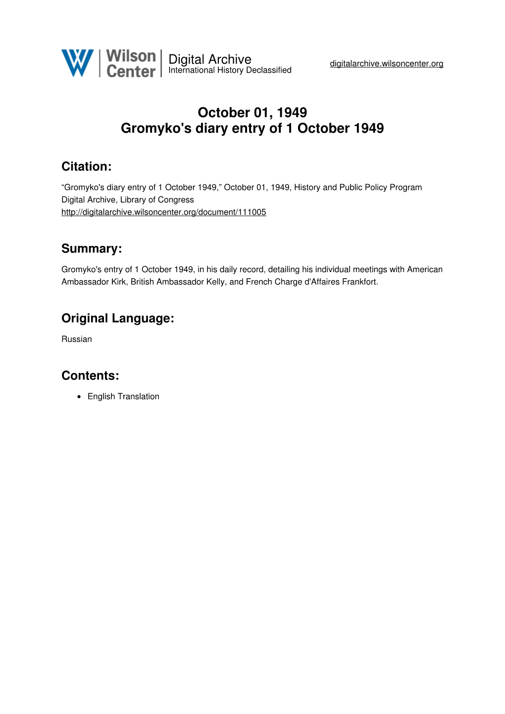 October 01, 1949 Gromyko's Diary Entry of 1 October 1949