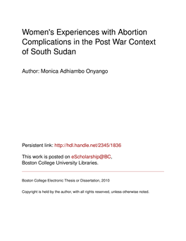 Women's Experiences with Abortion Complications in the Post War Context of South Sudan