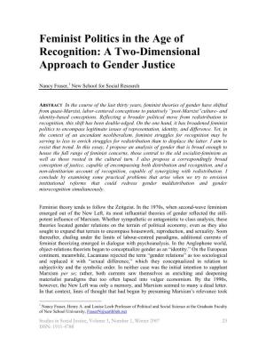 Feminist Politics in the Age of Recognition: a Two-Dimensional Approach to Gender Justice