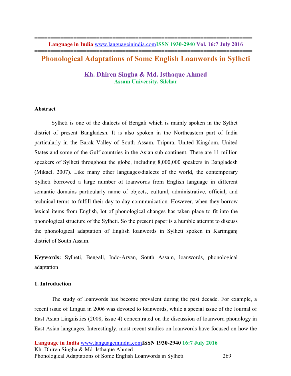 Phonological Adaptations of Some English Loanwords in Sylheti