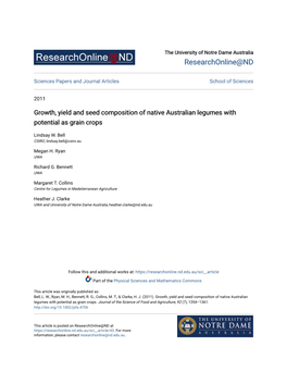 Growth, Yield and Seed Composition of Native Australian Legumes with Potential As Grain Crops