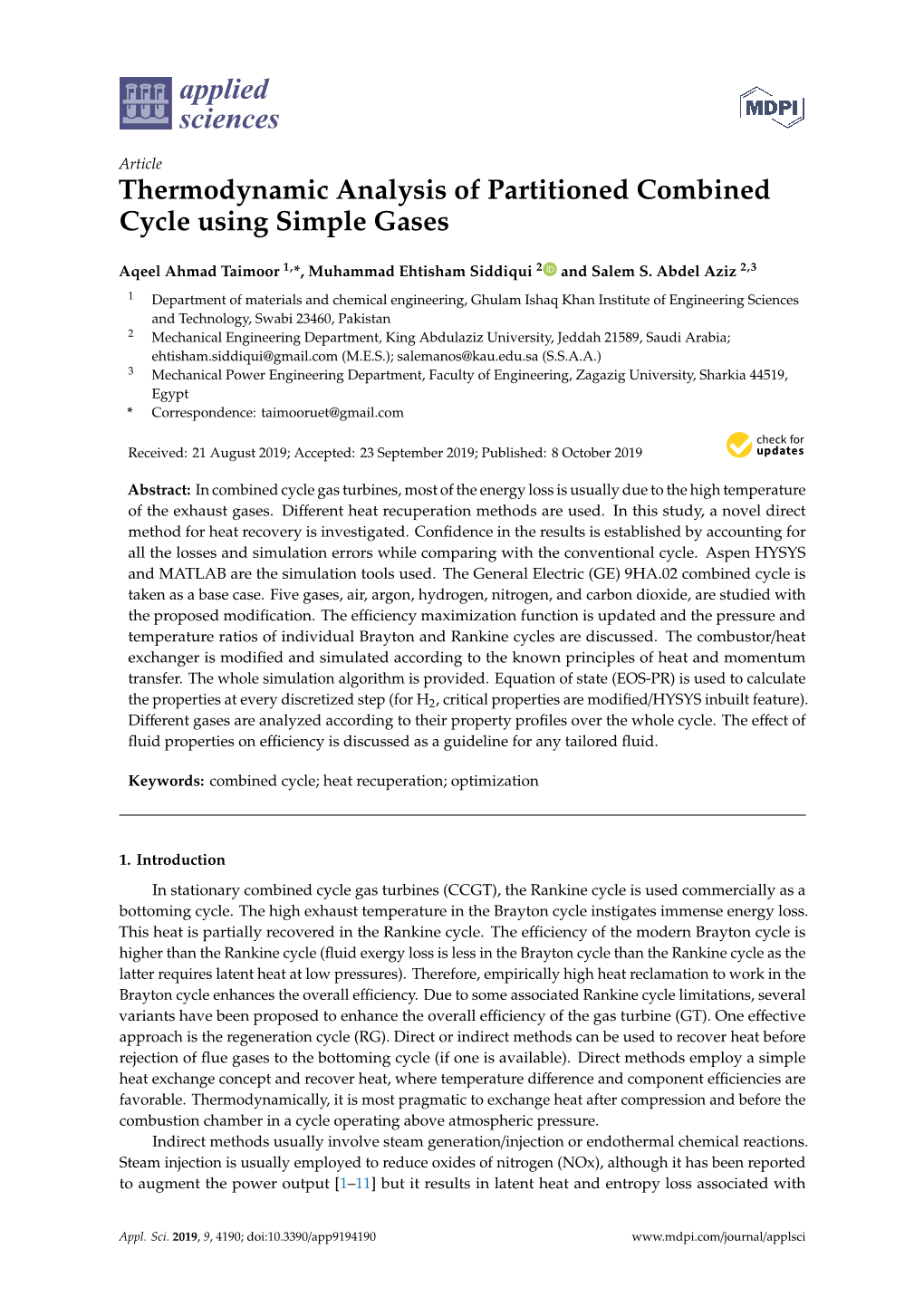 Thermodynamic Analysis of Partitioned Combined Cycle Using Simple Gases