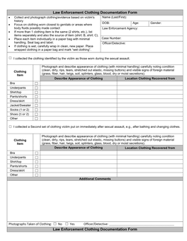 Law Enforcement Clothing Documentation Form