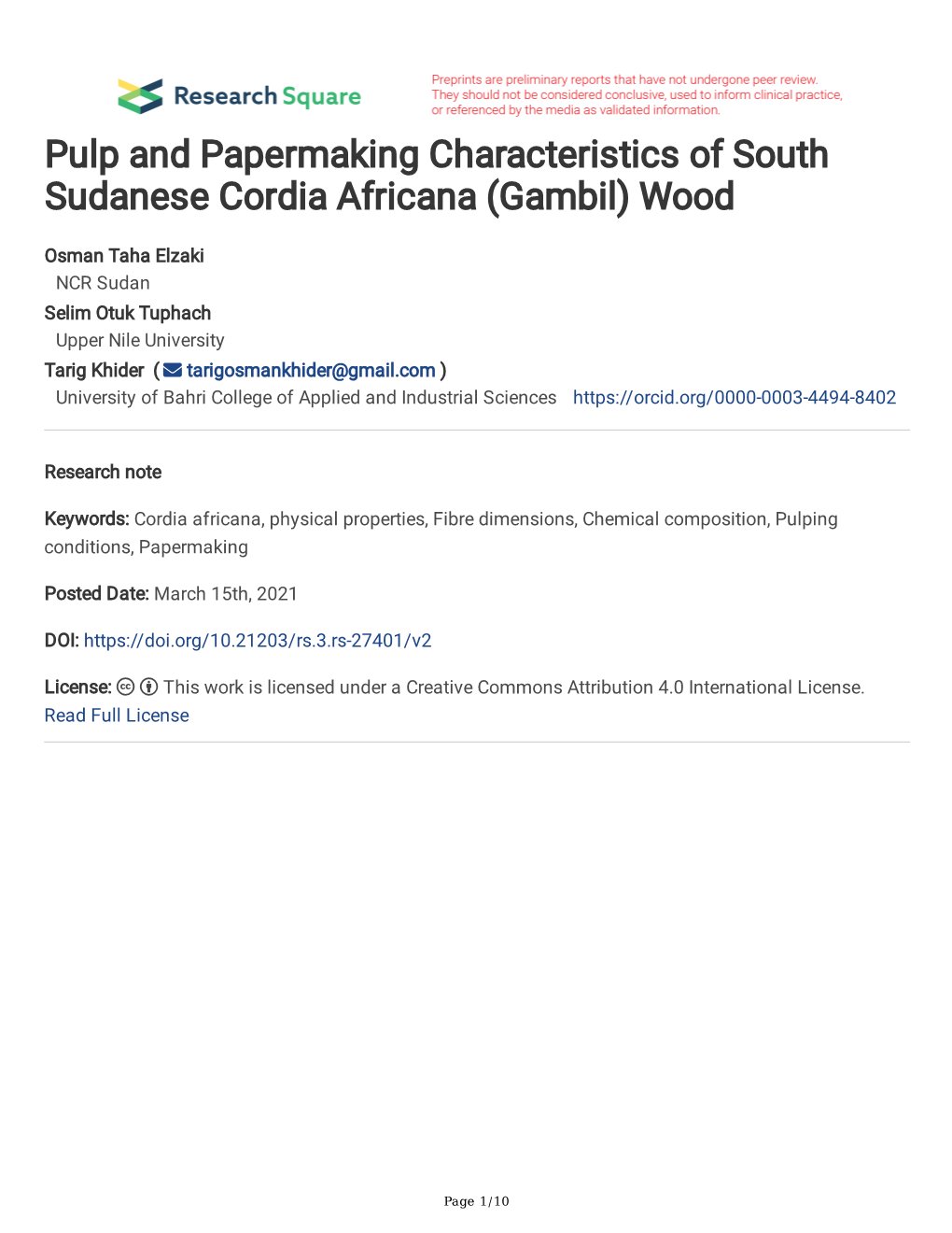 Pulp and Papermaking Characteristics of South Sudanese Cordia Africana (Gambil) Wood