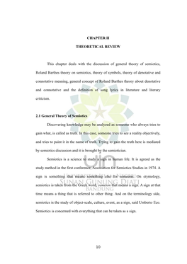 CHAPTER II THEORETICAL REVIEW This Chapter Deals with the Discussion of General Theory of Semiotics, Roland Barthes Theory on Se