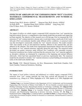 Effects of Airflow on VOC Emissions from ‘Wet’ Coating Materials: Experimental Measurements and Numerical Simulation,” ASHRAE Transactions, 107(1), 801-811