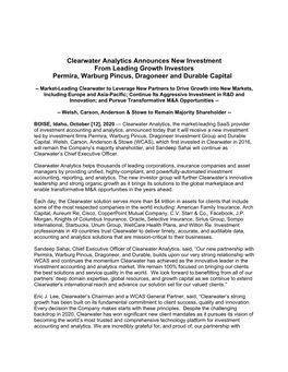 Clearwater Analytics Announces New Investment from Leading Growth Investors Permira, Warburg Pincus, Dragoneer and Durable Capital