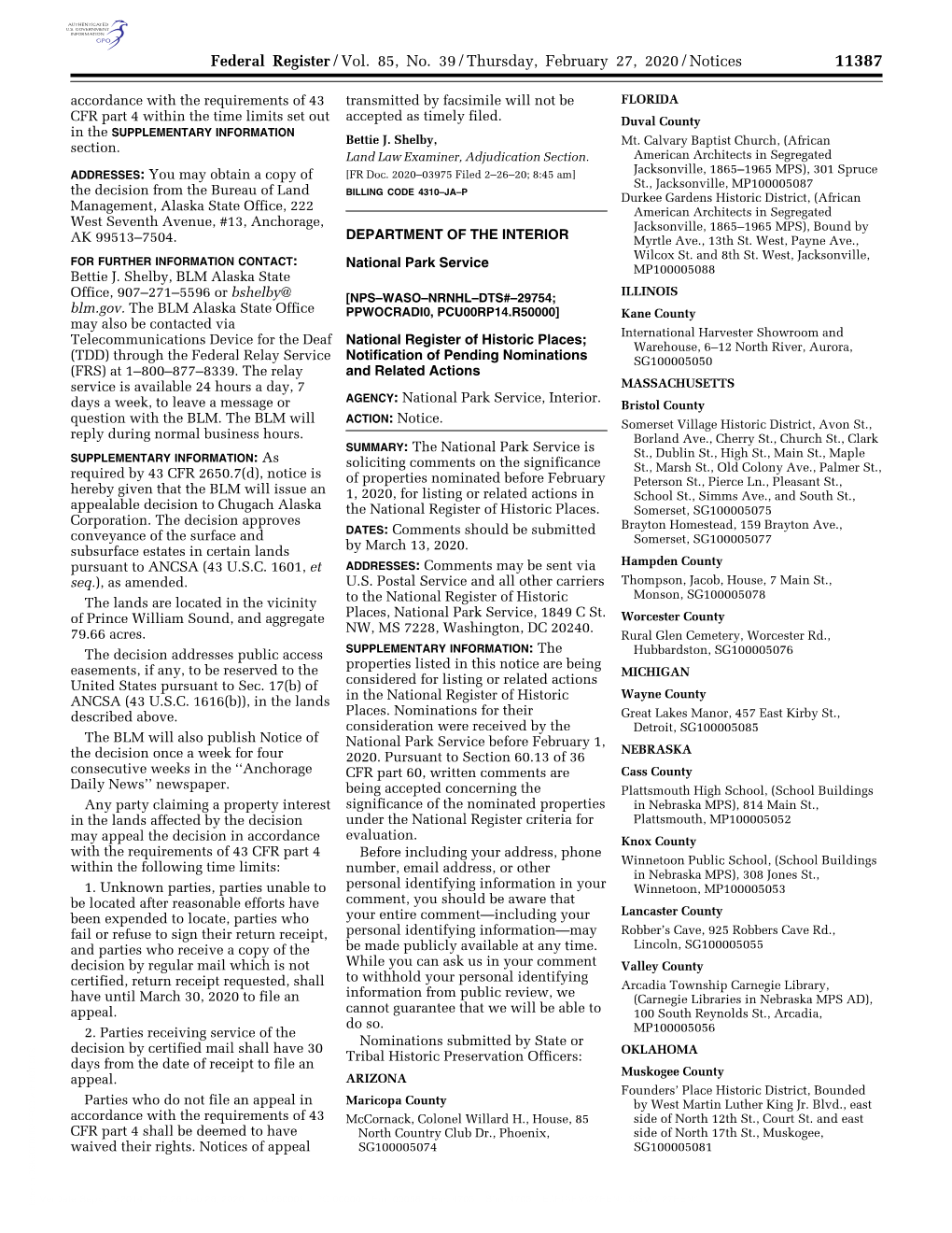 Federal Register/Vol. 85, No. 39/Thursday, February 27, 2020